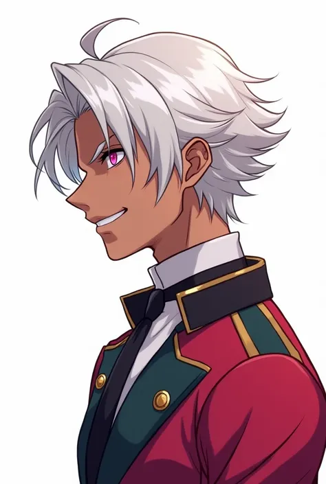 An anime character with pleasant white hair with black roots, styled neatly. His eyes are rose-colored with circular irises, giving him a mysterious and slightly sinister look. He is positioned in profile, with a slight malicious smile on his face, exuding...