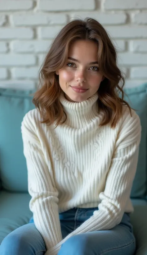 A high definitions of a beautiful Russian teenage girl, double eyelid, detailed beautiful face, 19 years old, beautiful body, light brown medium slightly wavy hair, sitting elegantly on comfortable pastel blue sofa, white brick wall. She's wearing a elegan...