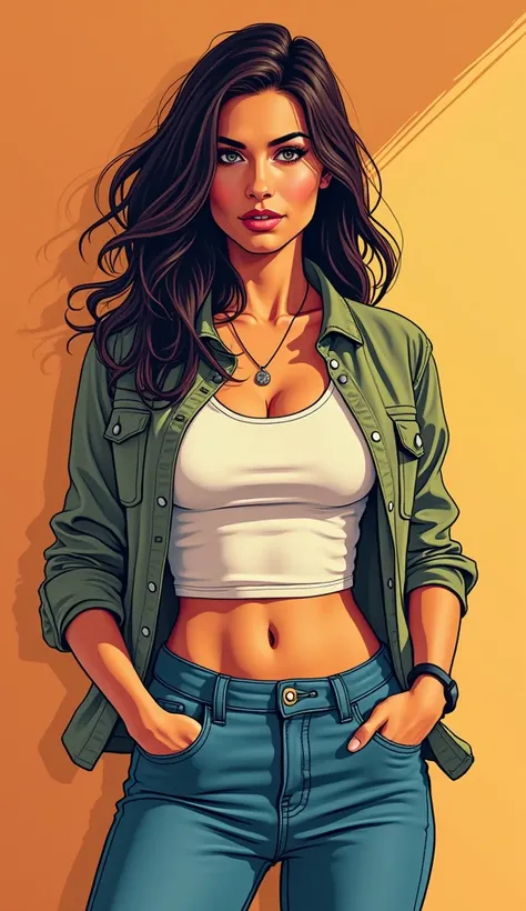 DISCREET image. with discreet casual clothes. image adult woman, american, comic book style. with a neutral face. IMAGES WITH VIBRANT COLORS. focus on face