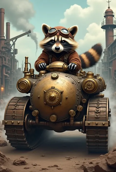 A raccoon as a tank driver. steampunk style 