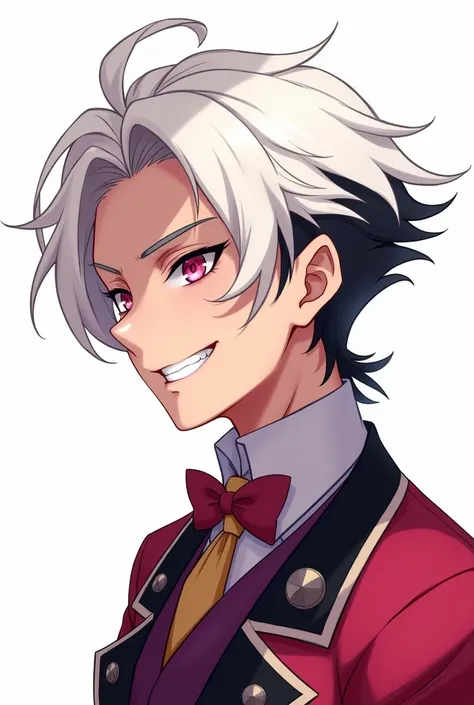 An anime character with pleasant white hair with black roots, styled neatly. His eyes are rose-colored with circular irises, giving him a mysterious and slightly sinister look. He is positioned in profile, with a slight malicious smile on his face, exuding...