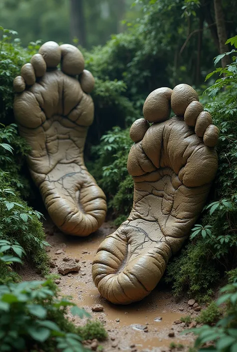  Large, deformed footprints on the mud floor, surrounded by dense vegetation .