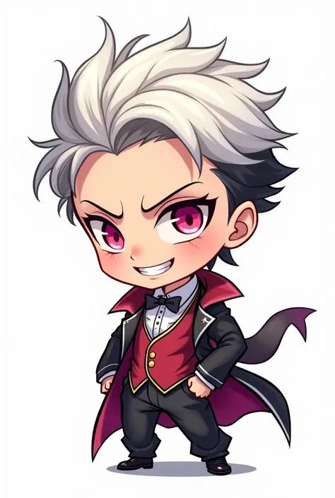 An anime chibi character with pleasant white hair with black roots, styled neatly. His eyes are rose-colored with circular irises, giving him a mysterious and slightly sinister look. He is positioned in profile, with a slight malicious smile on his face, e...