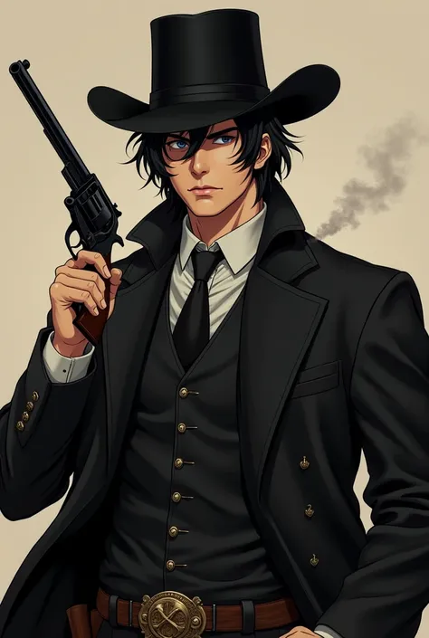 A Tall and Strong Young Man ,  with slightly large black hair ,  very detailed, with a black Old West style outfit, And with a realita anime-style , with a mafia-owning style, with a cigarette, with a black hat ,  revolver