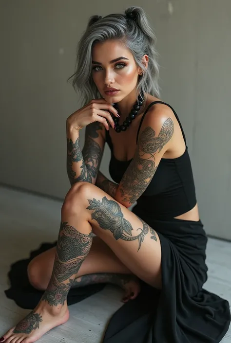 Woman with gray hair, Who has a snake tattoo on his leg and other tattoo styles on the rest of his body, elegant style,  Rude and sensual  