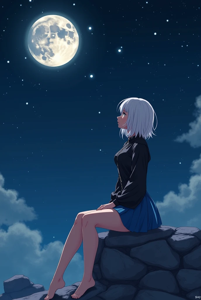 Create a night wallpaper with stones and stars and the full moon and white brown hair big breast big black blouse with sleeve and button and very short blue skirt and looking at the stars and sitting on the rock and 