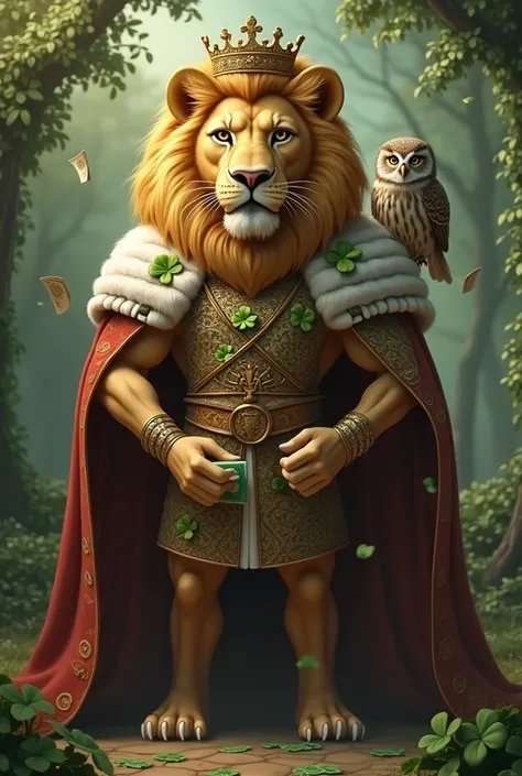  Create the image of a lion , with clothes with clover details with king's crown on the head and an owl on the shoulder , and with money in his hands  