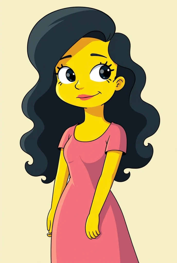  Create a cartoon of a Simpsons character ( yellow-skinned ,  dark hair ,Long and curly, With dark and slanted eyes ,  Asian face and pink dress)