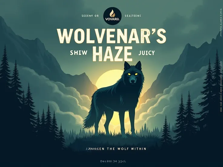 Design a beer label for "Wolvenar's Haze" – a hazy, juicy NEIPA with an aura of mystery and wildness. The label should feature a mystical, ethereal atmosphere with soft, wispy fog surrounding the central figure of a silhouette of a wolf, standing strong in...