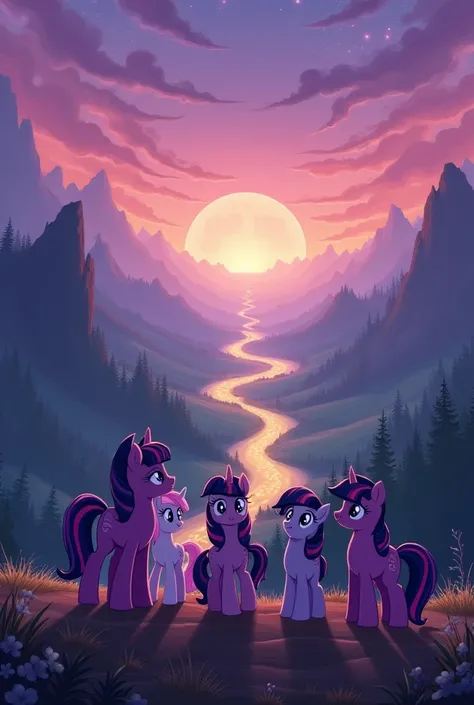 Twilight Sparkle and her five friends stand at the edge of a vast, unknown land. The landscape stretches before them, filled with towering mountains, dense enchanted forests, and glowing rivers that shimmer under a twilight sky. Each pony carries a determi...