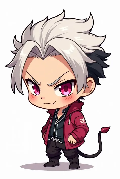 An anime chibi character with pleasant white hair with black roots, styled neatly. His eyes are rose-colored with circular irises, giving him a mysterious and slightly sinister look. He is positioned in profile, with a slight malicious smile on his face, e...