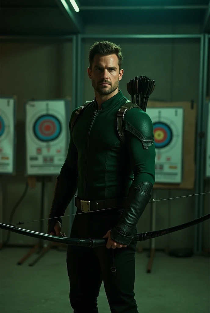 "Green Arrow (Arrow), portrayed by the actor Stephen Amell, is depicted in a training session. He is dressed in his iconic green suit, holding his signature bow and arrow. The scene takes place in a dimly lit training facility, with various archery targets...