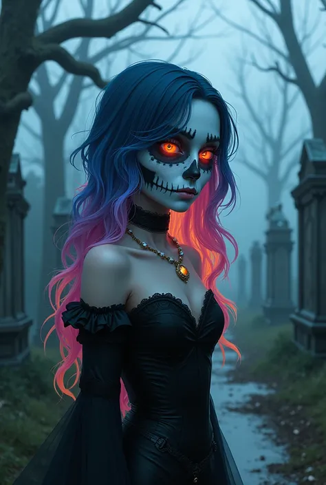 "Create a ultra detail lovecraftian character with female anime skull face, inspired side part hair cut in shades of blue, pink, and orange. Wear an outfit a Fairy Tale Goth with a gemstone necklace. Position the character in a Rainy Graveyard Stroll