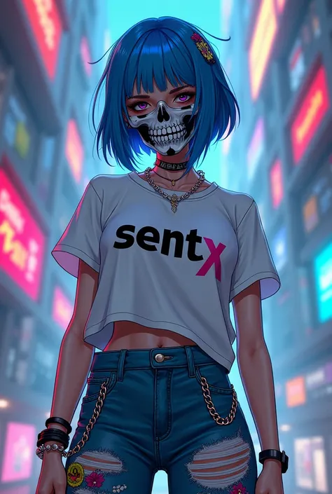 "Create ultra detail a rebellious urban character with female anime skull face, inspired side part hair cut in shades of blue. Graphic white t-shirt with Center the text written in " SENTX,"and High-Waisted Jeans featuring chains, patches, and bold graphic...