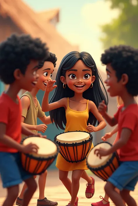 In a cartoon, dark-brown boys of African descent from Venezuela dancing drum, smiling together with a white girl, their skin and long, smooth black hair.