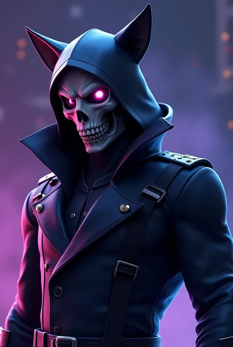 a close up of a person wearing a uniform and a skull, trigger anime artstyle, pitch black skin, tokusatsu suit vaporwave, as a fortnite character, wolf o'donnell, fortnite skin, lunar themed attire, pitchblack skin, demon black blue purple, omen from valor...