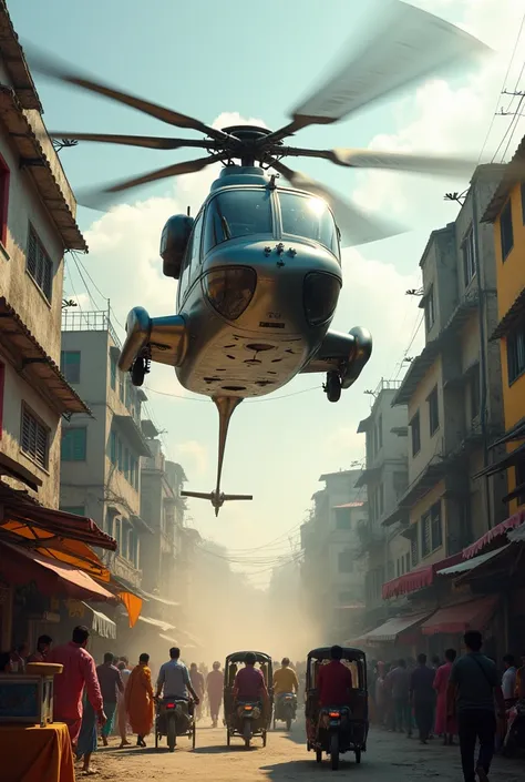 a Helicopter Landing in a Bangladeshi Street. 