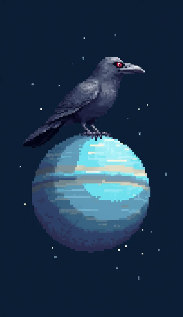 Create for me a pixelated logo of the planet Neptune, it has to be in pixel style like old games. On the front of the planet I wanted a crow in the same style.