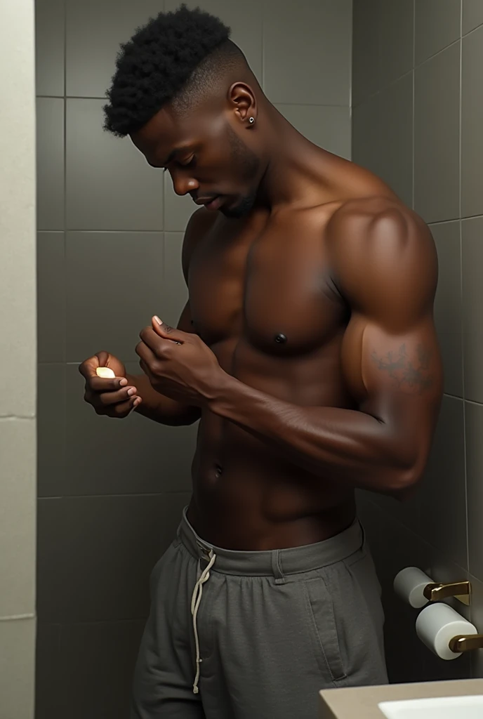 design , Black-skinned boy, In the bathroom touching your own penis,