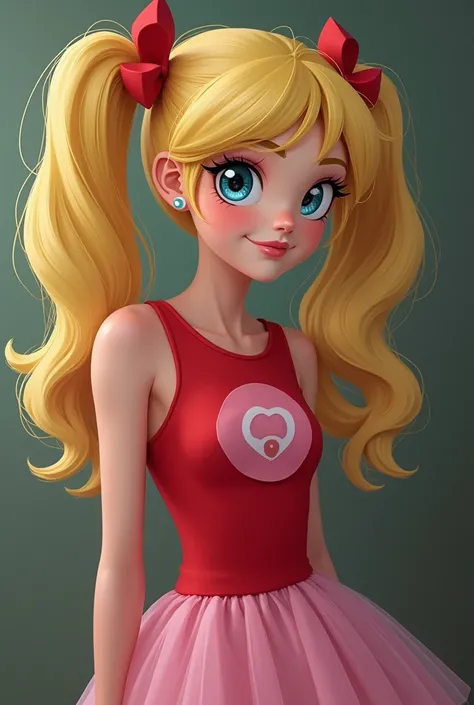 Make me an image of a blonde girl with 2 pigtails and blue eyes wearing a bubble costume for the Powerpuff girls and with a cool pose and another girl is taking a picture of her laughing and disguising herself as a hottie of the Powerpuff girls with a red-...