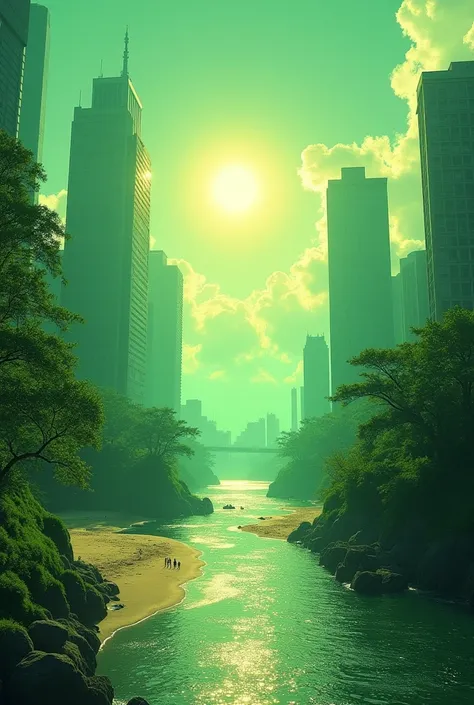  2 transform one on the right and the other on the left like the movie in a totally green city with summer green colors and tones,  there is a sun and a beach also at the beginning and in the background the city with green colors ,  there is the sun and th...