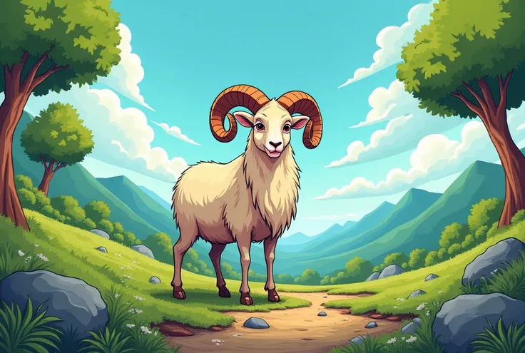  Ram in the center of a natural landscape cartoon style from the 80s