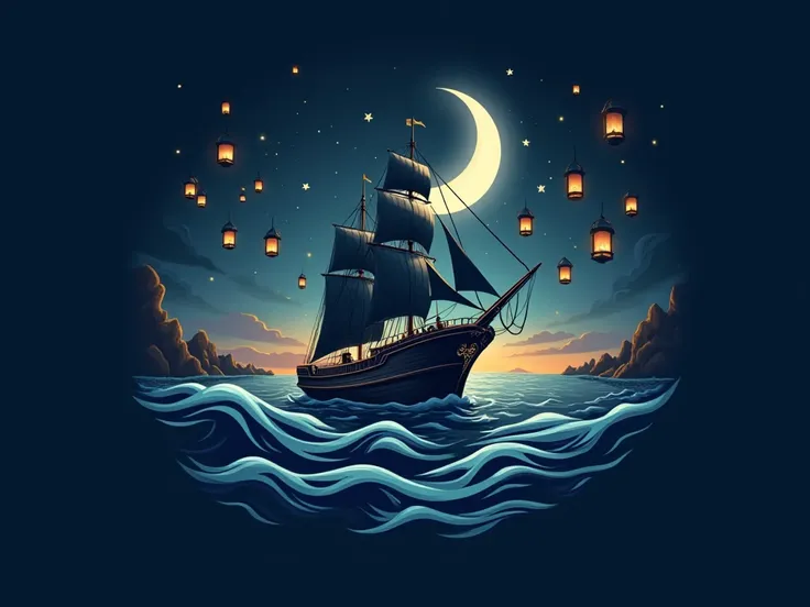 Make an ship with waves on the side logo for a group called the lequipage de ramadan. I want emphasis on the ramadan par so make it night witha stary sky and lanterns hanging from the sky. Also add a moon crescent. And make many lanterns hang from the sky....