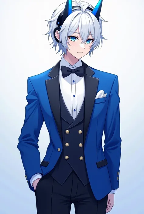  Man with short white hair and some blue hair,  blue eyes, with black and blue horns on the front,  elegant royal blue clothing with a bow tie on the suit ,  black pants , and young, anime version and blue earphones with tips 