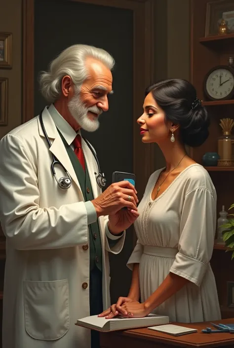 Doctor of the past smiles, placing his stethoscope at a beautiful Indian woman from Vfnezolana