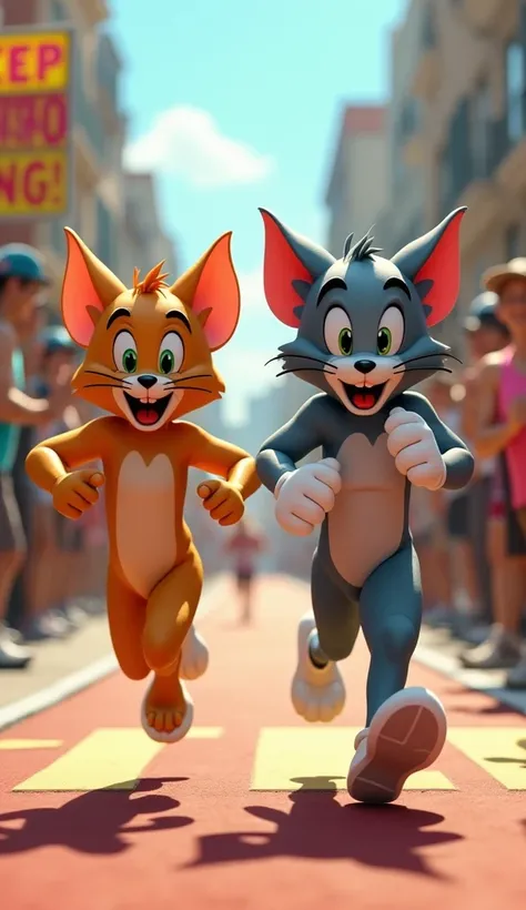 Tom and Jerry running a marathon together on a sunny day, with determination in their expressions. They are crossing a finish line with a banner that says 'Keep Going!' Tom and Jerry have matching heights, facial details, and body colors, surrounded by a c...