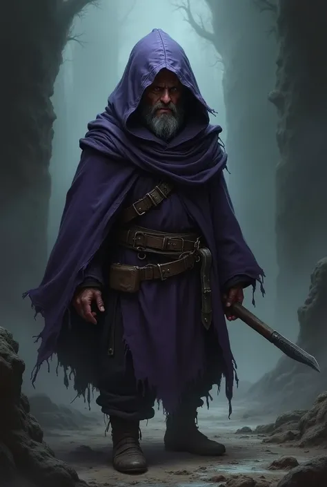 Halfling, hobbit, Patrolman , gray, barbarian,  some scars, dark purple tunic, Hood on the head, Mysterious, sombrio