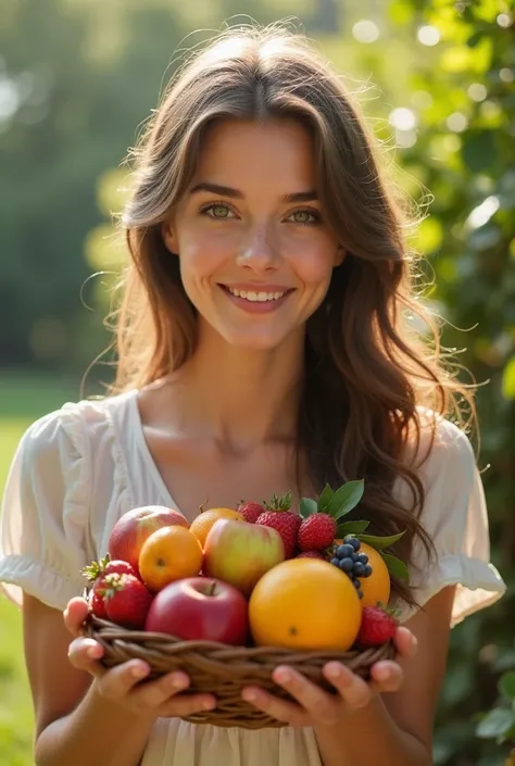 image réaliste d'une jeune femme française souriante qui a gardé plusieurs sorte de fruits