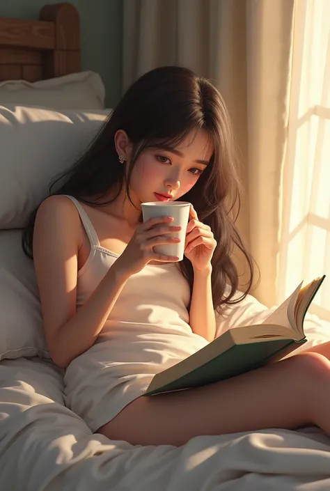 I want a realistic image of a girl sitting on
bed. I want her to be lying on the bed .
 I want her to be reading a book . I want her to be drinking something.. I want her to be drinking something