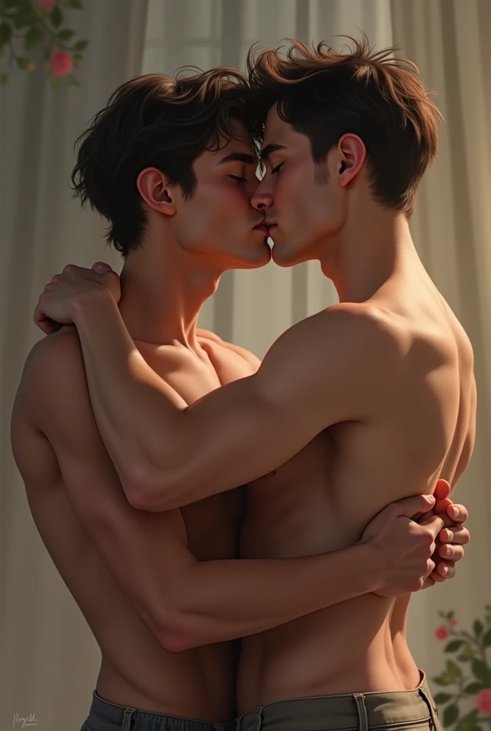 Two gay boys in love kiss passionately 