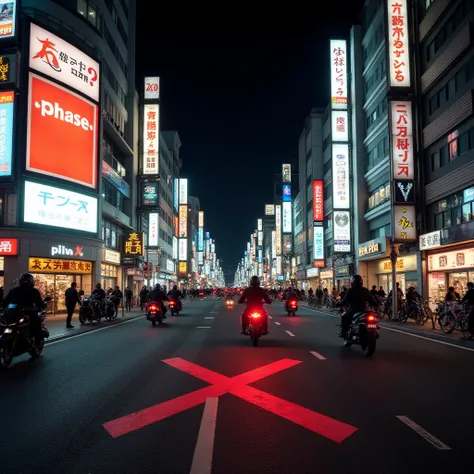 A street at night without people Shibuya style In Tokyo with several motorcyclists forming a " X " red showing several nightclubs with several posters and a sign with the word "phase  "  blouse in the foreground 