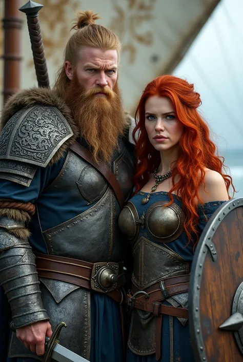 Viking Universe, (((full body))) a warrior leader with blonde hair and beard, Norse, and a duo, with a redhead with blue eyes, Viking full armor viking, boots, sword, partner. in the Drakar viking, ((full body)), super realistic, high quality UHD, 8k, shar...