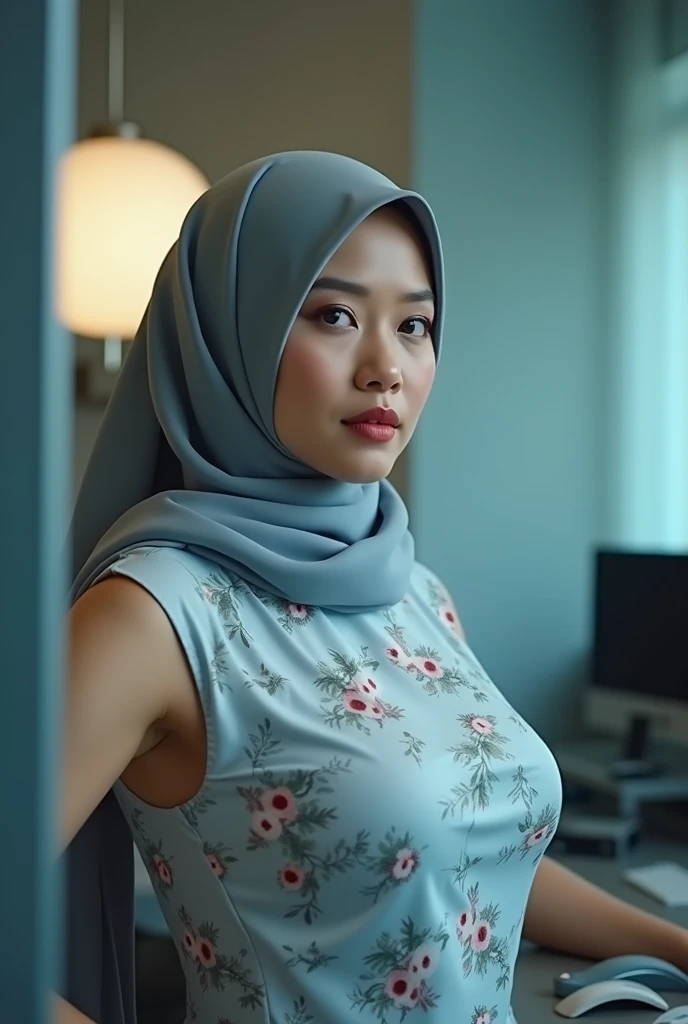 Naked, beautiful malay chubby mature woman in grey color hijab taking picture in modern office, ((showing armpits pose)), all wearing hijab, wear pastel blue and white floral pattern sleeveless baju kurung, at the desk with computer office, detailed skin t...