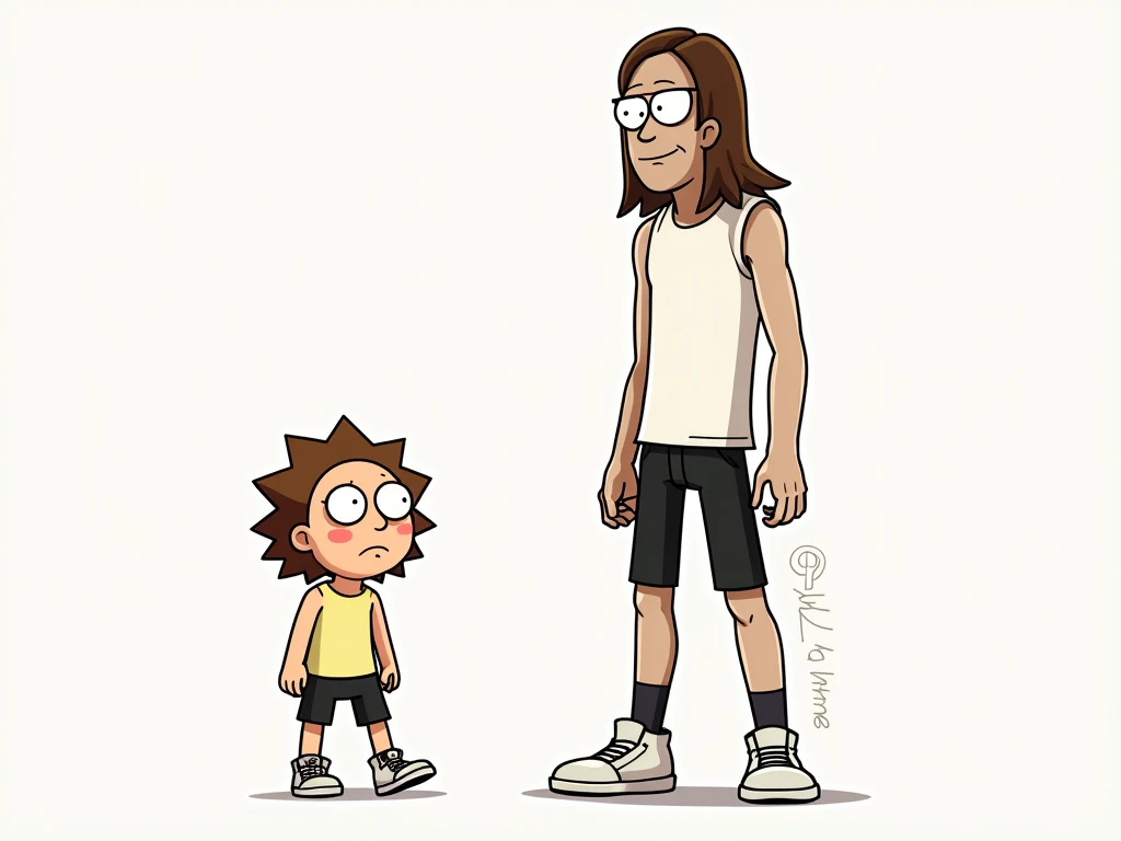  Jerry Smith with long brown hair up to the shoulders straight with a sleeveless muscular white t-shirt with short black pants and short black socks and white sneakers with a short build of 1.88 m Rick and Morty drawn by Justin Roiland