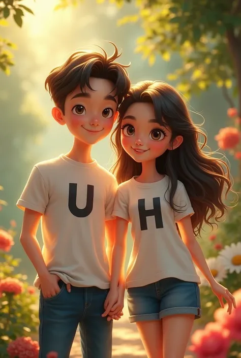 Create cupule photo they wearing shirt boy shirt print as U and girl shirt print H. Other thing is boy very handsome and girl is very beautiful and she has long hair 