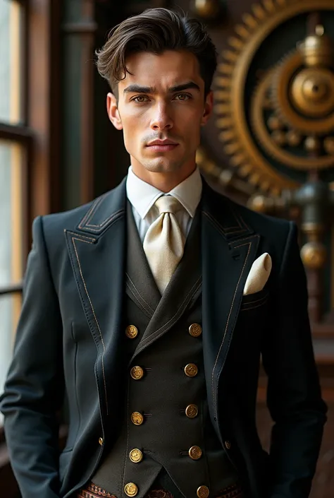 Handsome brown-haired man dressed in an elegant steampunk style suit