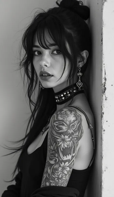 Girl、tattoo、tobacco、cyberpunk、black fur、monochrome、half black and white、hyperrealistic