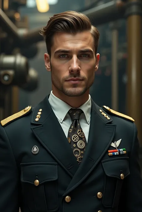 Handsome brown-haired man dressed in military suit with dieselpunk style tie