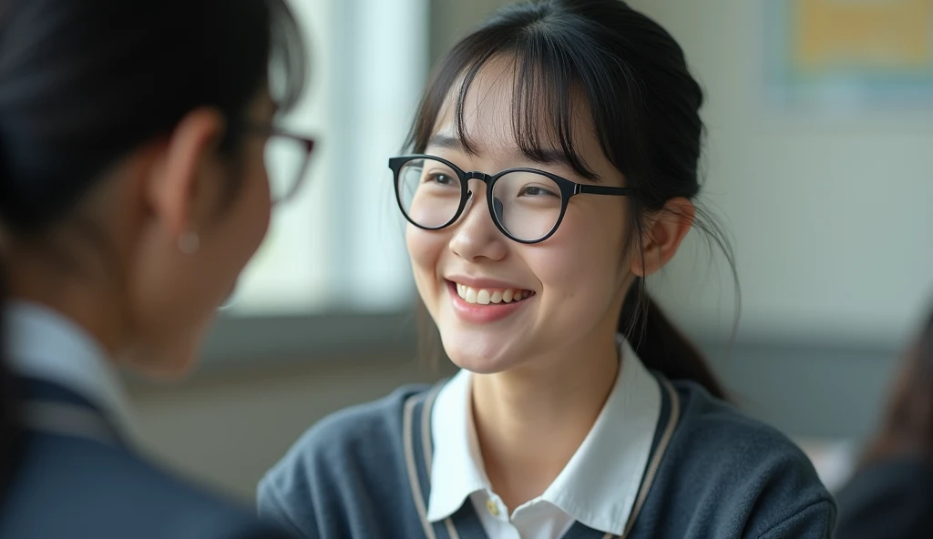 An 18-year-old Korean girl with glasses, hair tied and absent beauty, with pimples on her face. She is in a school setting, wearing a uniform, with a colleague smiling warmly at her. Soft lighting, realistic style and a positive atmosphere. 