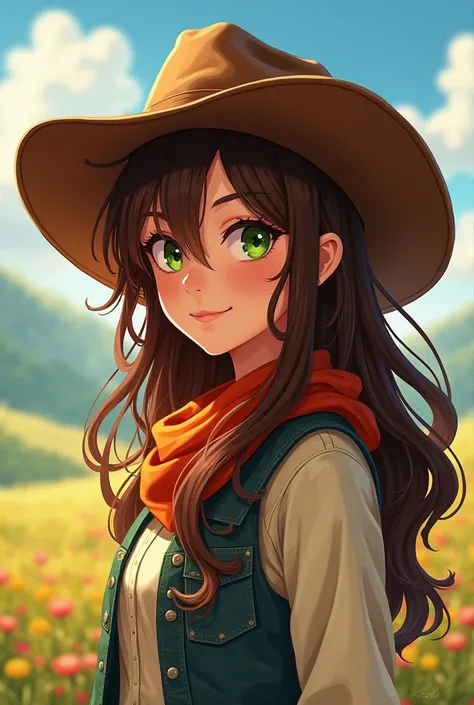 Make a Girl anime version, With brown hair green eyes, With Arthur Morgan's hat