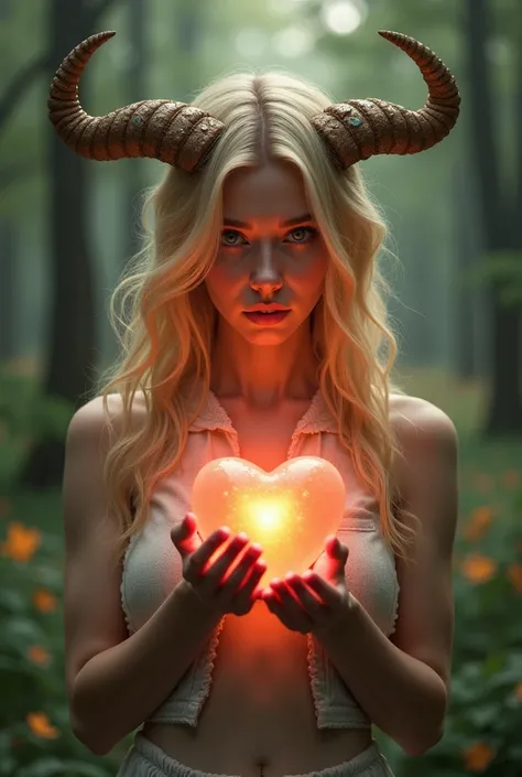 blond woman with horns holding a heart in a forest, digital art by Anton Fadeev, cgsociety contest winner, fantasy art, beautiful angel, of beautiful angel, angelical, glowing angelic being, beautiful female angel, of an beautiful angel girl, angel, super ...