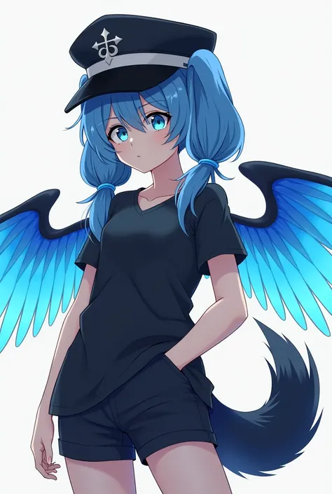 anime,  female,  blue hair with two ponytails , with a black captain's hat with a cross and thin tips,faceless, black shirt, short preto,  black wolf tail , blue bird wings 