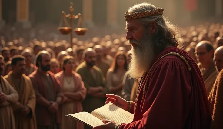 realistic digital in HD: a large assembly where King Solomon, with a serene countenance, speaks to a diverse audience. men and women, of various ages and backgrounds, listen attentively, admiring her wisdom. In the background, symbols of justice and knowle...