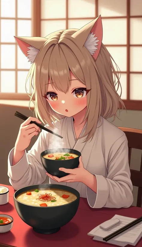 Cat girl eating Japanese soup