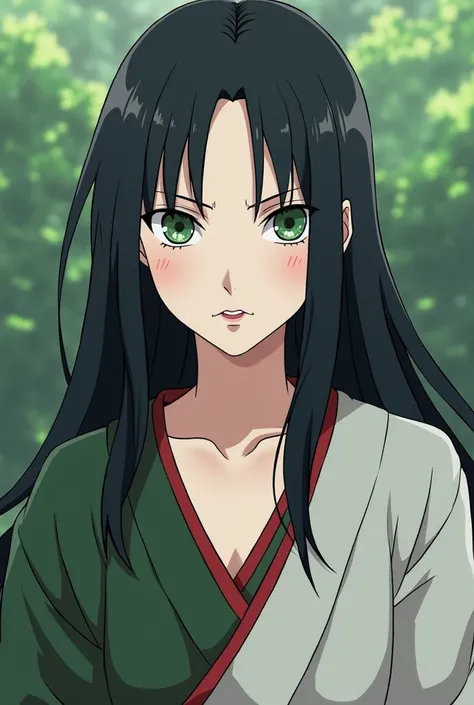  Make me an image from the Naruto manga :  A snow-white skinned woman , greenish eyes like an emerald,  dark and smooth long hair , your pink and soft lips ,  her face is angelic with voluminous and predominant eyelashes,Your rosy cheeks ,  with a sign nea...