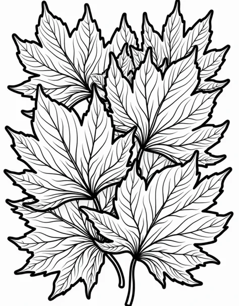 A cluster of bold maple leaves with distinct veins and edges, overlapping to create a full-page autumn-themed design. LINE ART, coloring page, no shades, big and bold, no empty white space, full page design with details, no empty white space. page is fille...